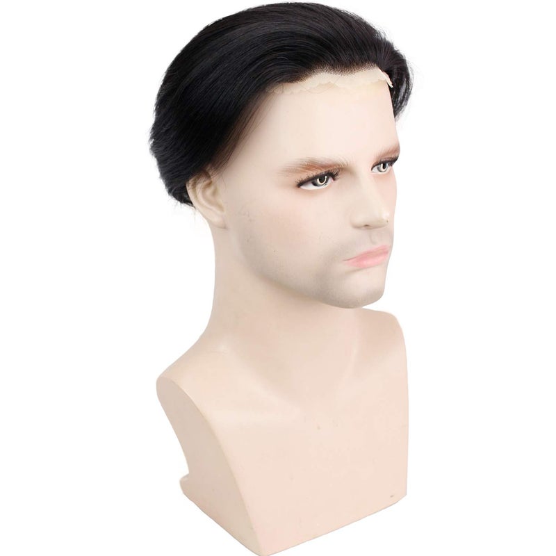 Voloria Men's Toupee 8inch Hairpieces 100% European Virgin Human Hair Replacement System Hair Topper Pieces for Men Swiss Lace Net with PU Base Size 4.33x6.69 inch 1B Black Color - Image 1
